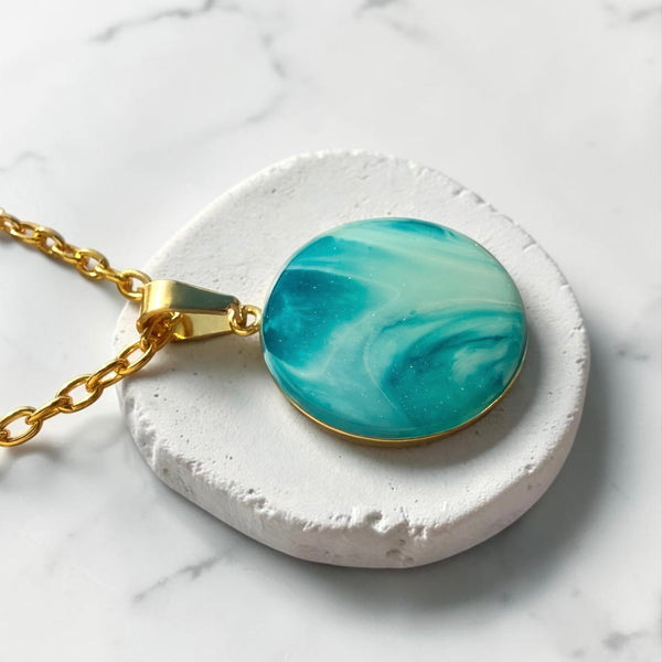 Ocean Tide Teal Resin Pendant Necklace | Gold