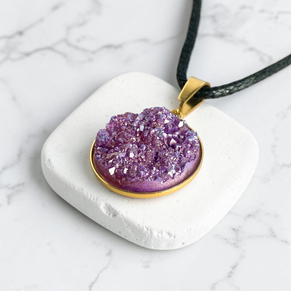 Orchid Shimmer Druzy Resin Necklace | Black Cord