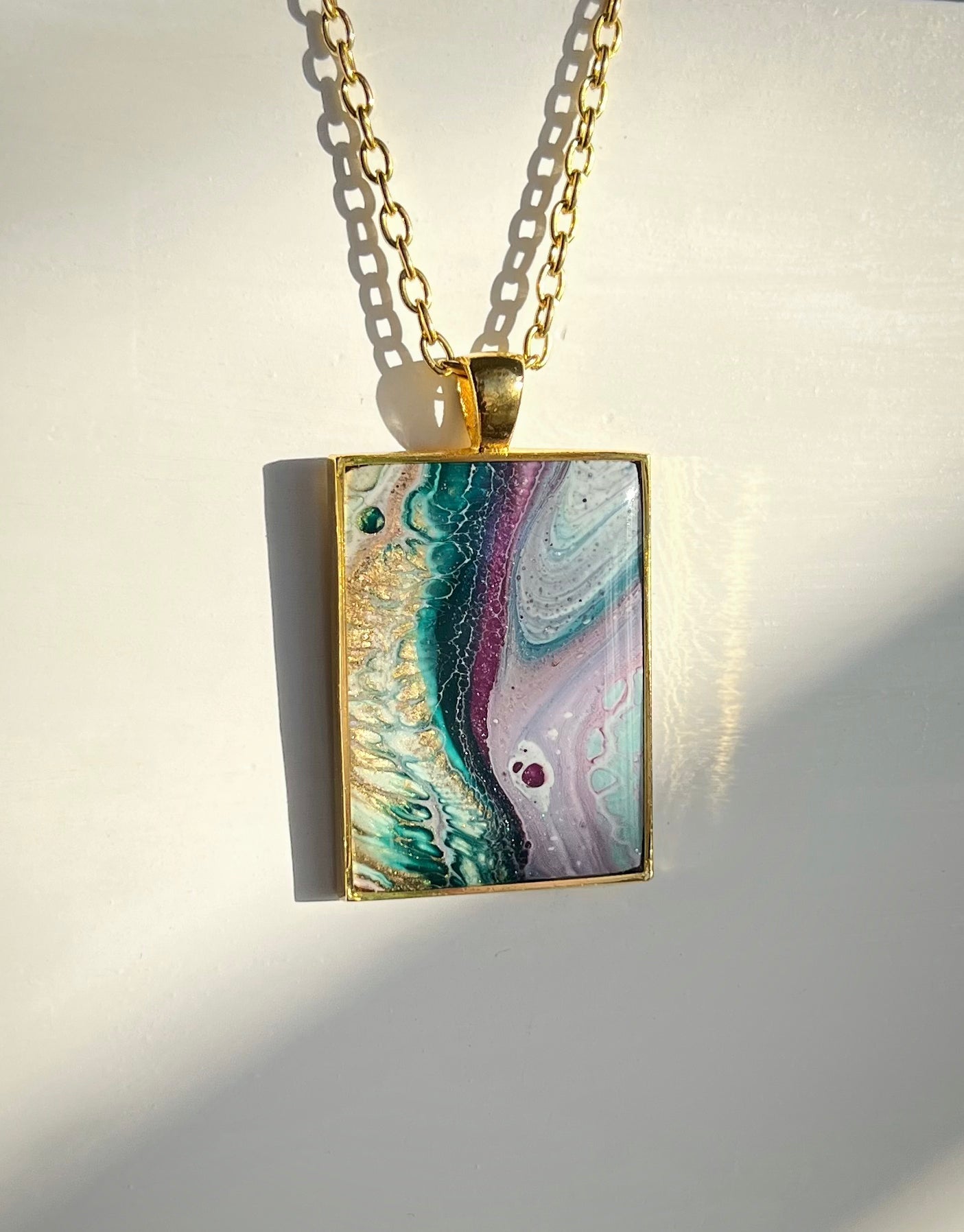 Turquoise, Blue, Maroon, and Gold Small Rectangle Resin Pendant Necklace