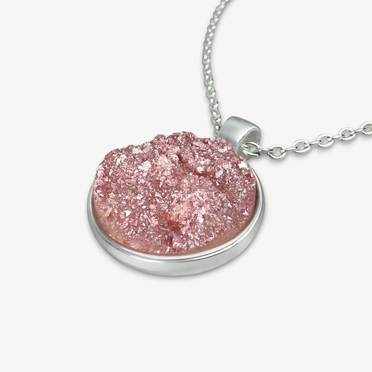 Rose Quartz Shimmer Druzy Resin Necklace | Silver