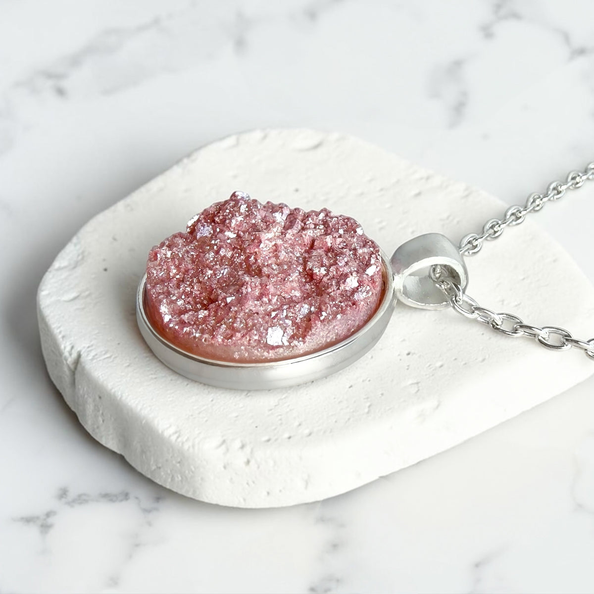 Rose Quartz Shimmer Druzy Resin Necklace | Silver