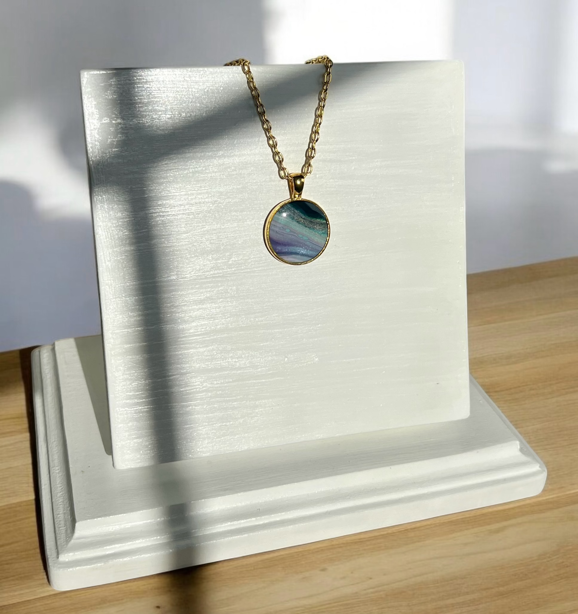 Turquoise, Blue, and Purple, Small Round Resin Pendant Necklace