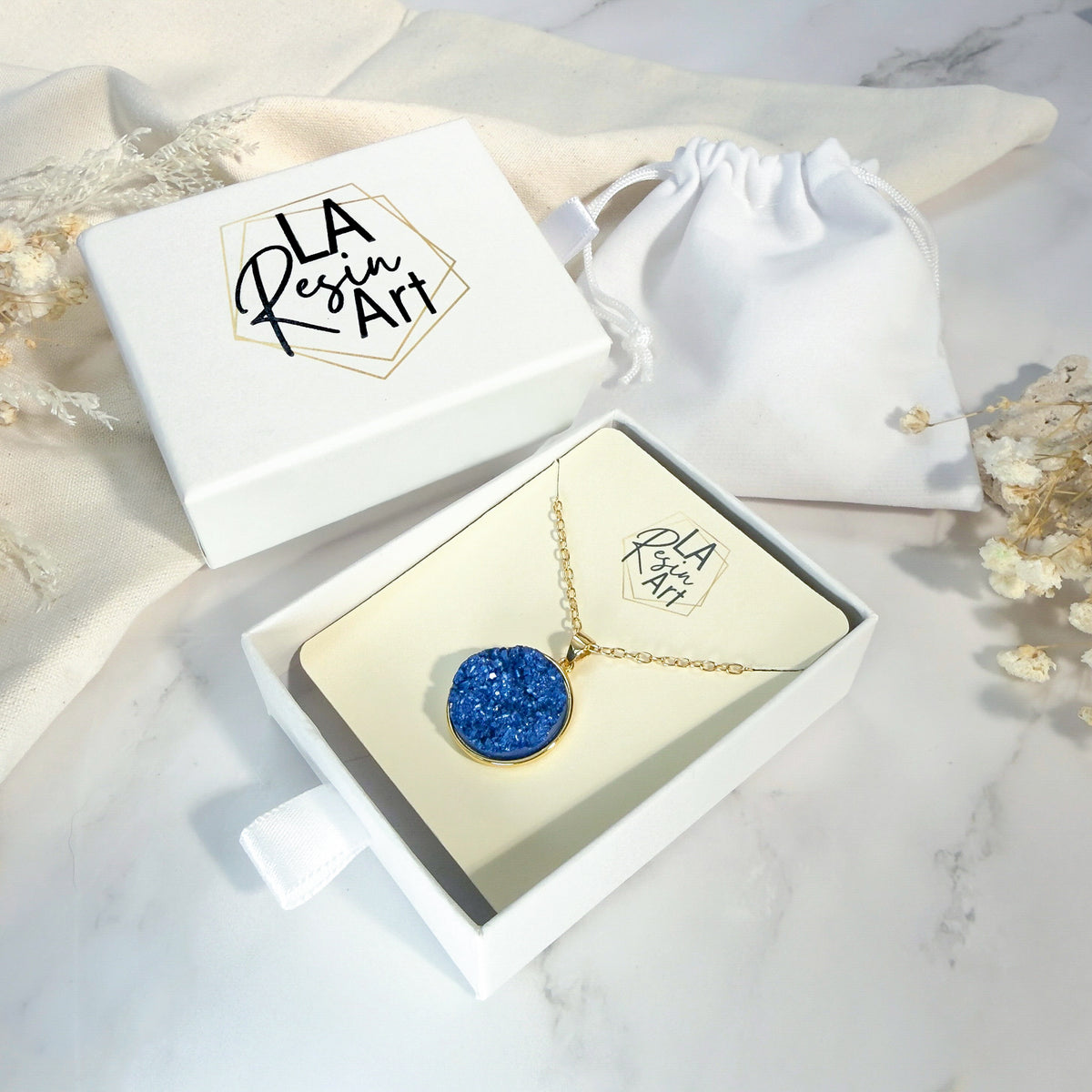 Royal Blue Druzy Resin Necklace | Gold-Plated Sterling Silver