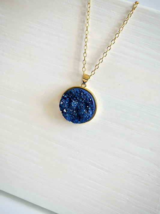 Royal Blue Druzy Resin Necklace- Gold Vermeil Chain and Pendant Tray