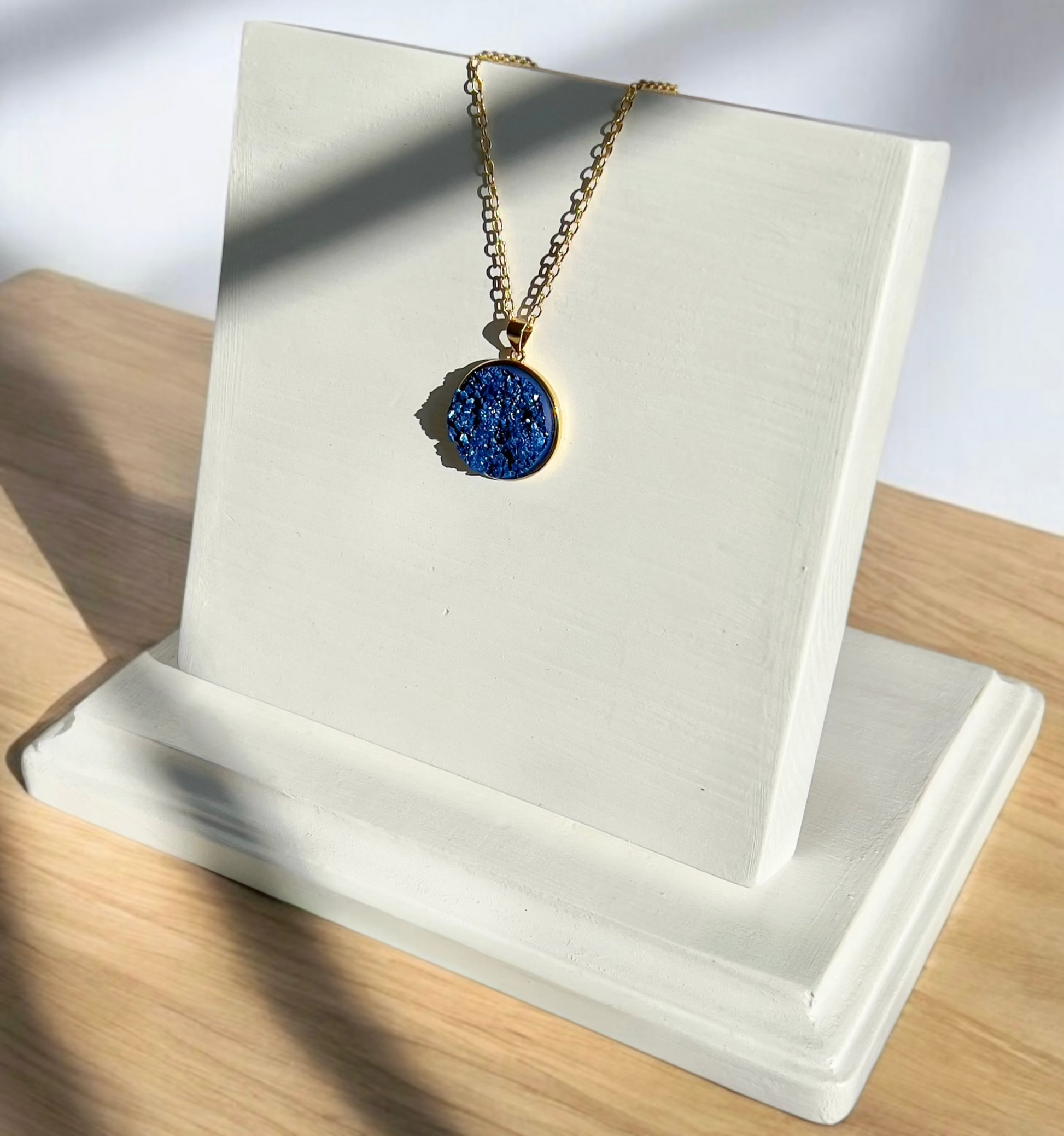 Royal Blue Druzy Resin Necklace- Gold Vermeil Chain and Pendant Tray