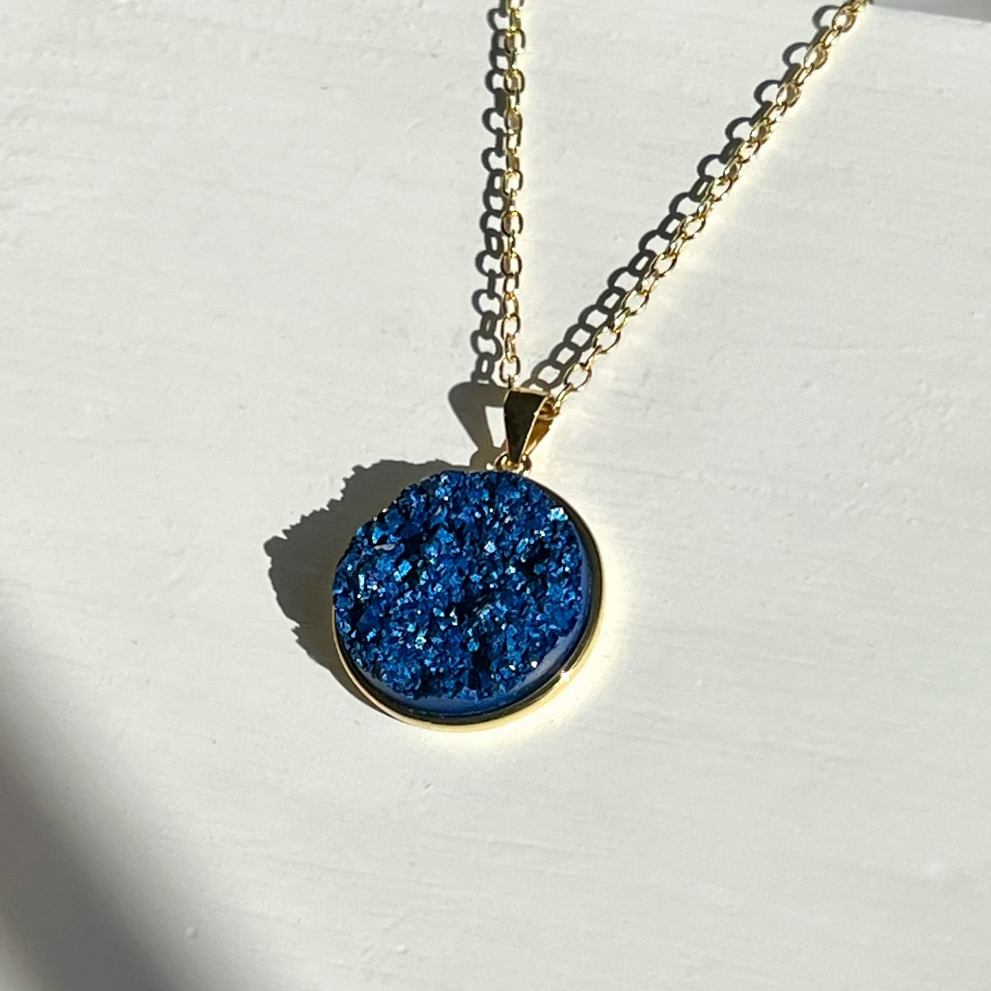 Royal Blue Druzy Resin Necklace- Gold Vermeil Chain and Pendant Tray