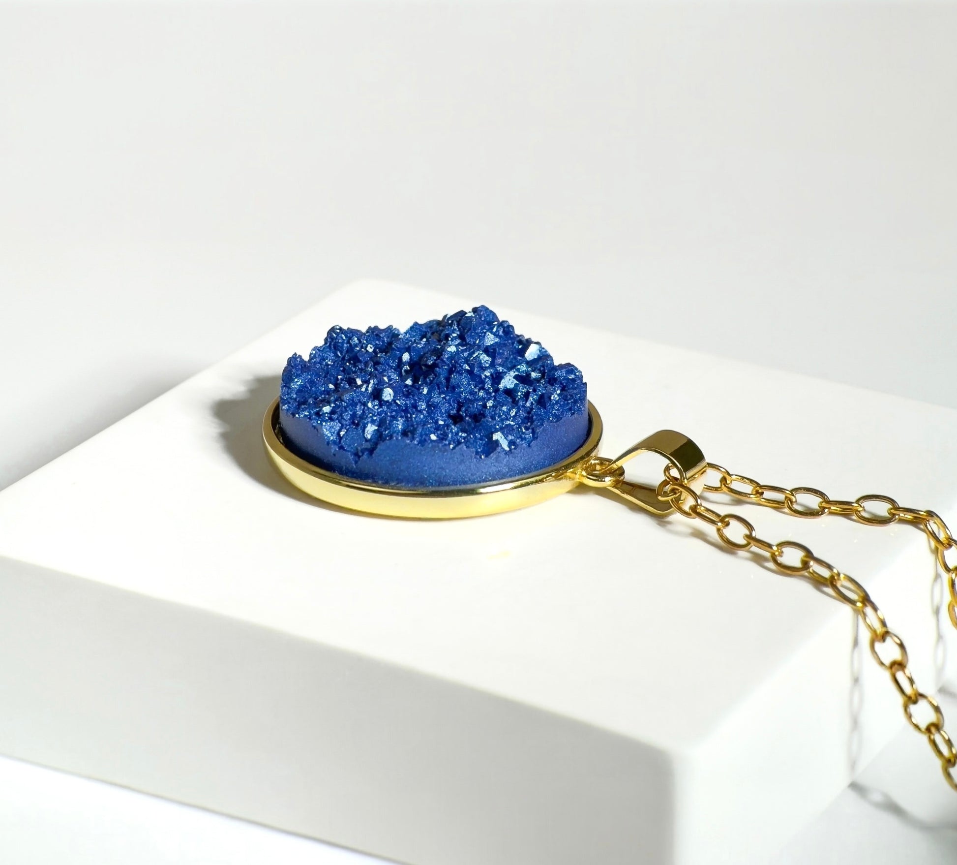 Royal Blue Druzy Resin Necklace- Gold Vermeil Chain and Bezel