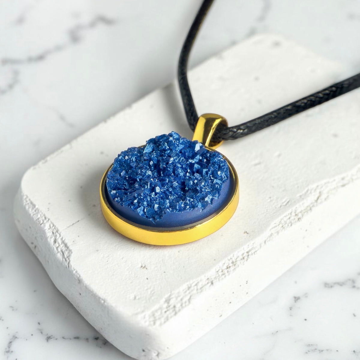Royal Blue Druzy Pendant Necklace | Black Cord