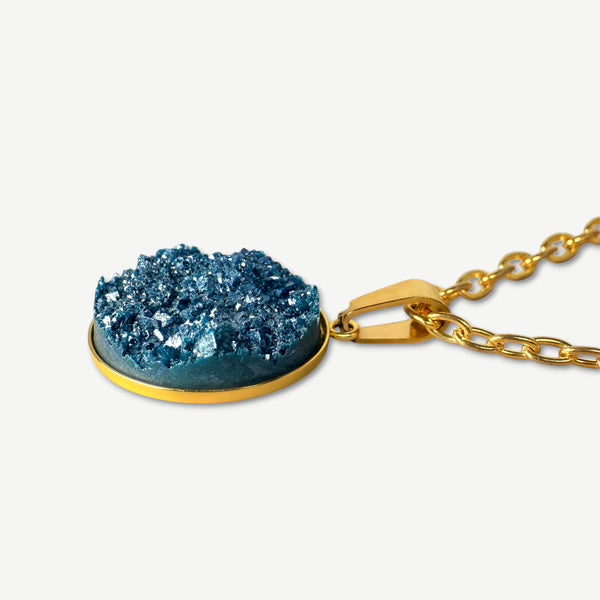 Steel Blue Druzy Resin Necklace | Gold