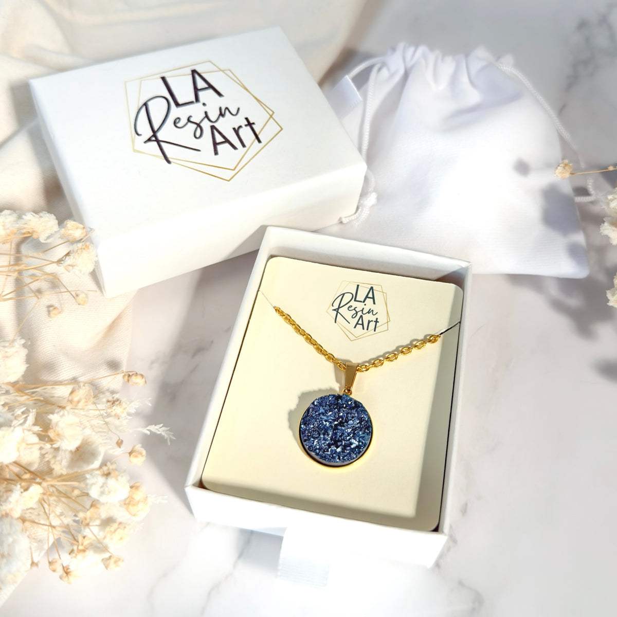 Steel Blue Druzy Resin Necklace | Gold