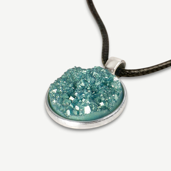 Teal Blue Druzy Resin Necklace | Black Necklace Cord