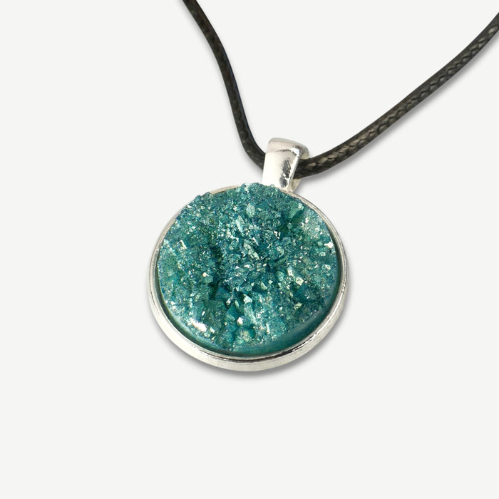 Teal Blue Druzy Resin Necklace | Black Necklace Cord