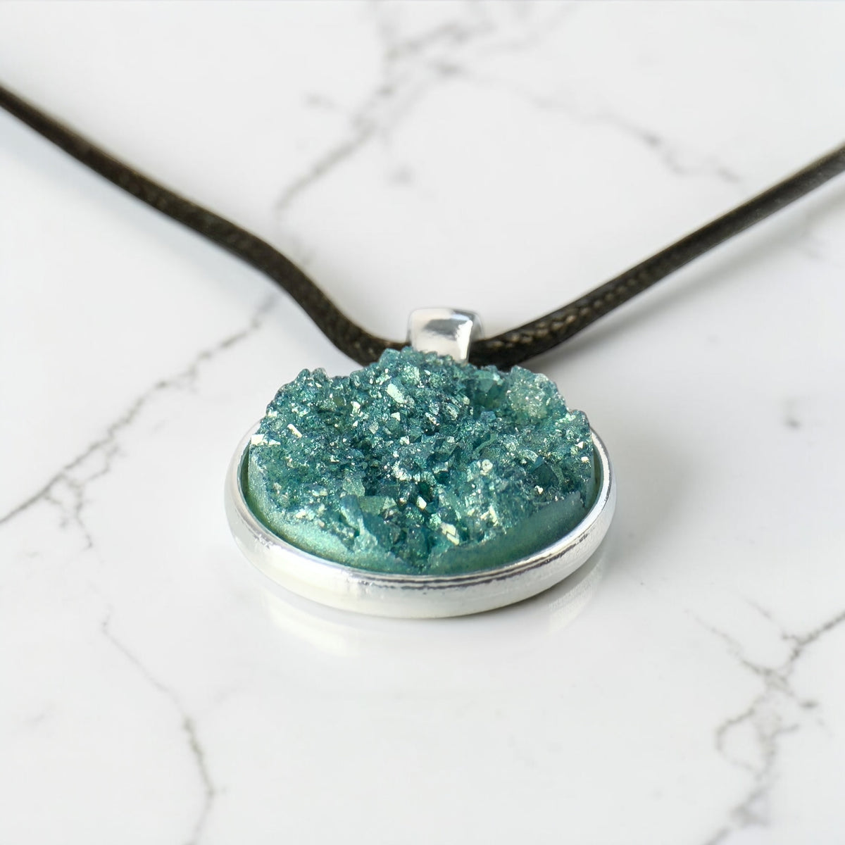 Teal Blue Druzy Resin Necklace | Black Necklace Cord