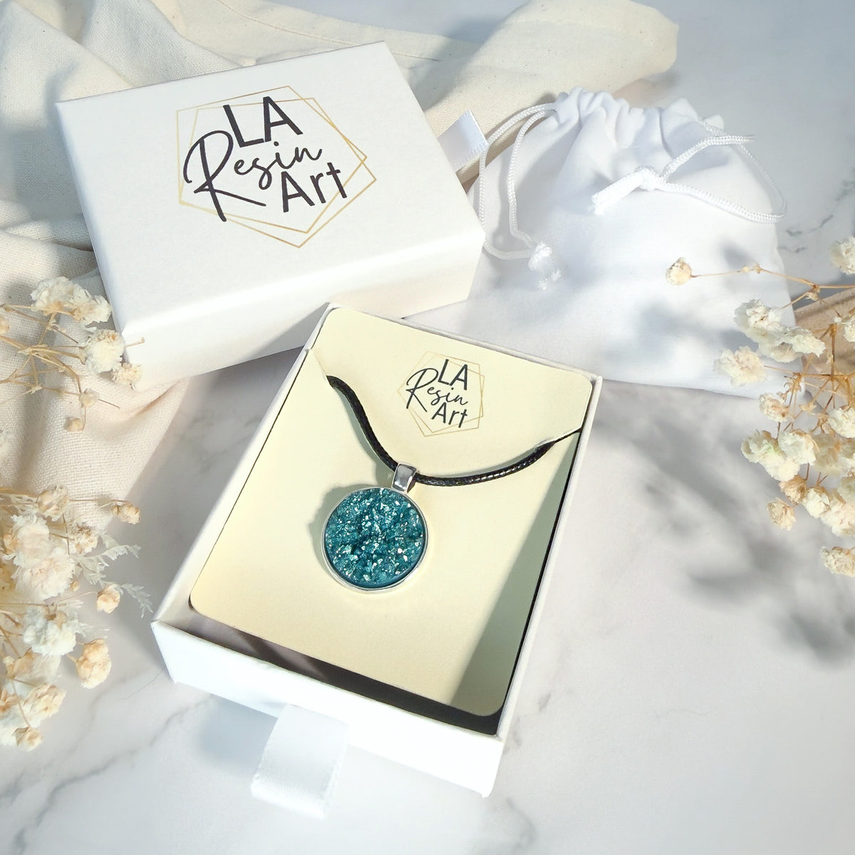 Teal Blue Druzy Resin Necklace | Black Necklace Cord