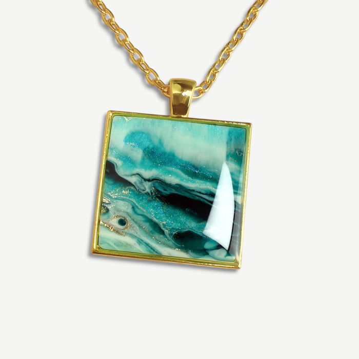Tidal Teal Mosaic Resin Pendant Necklace | Gold
