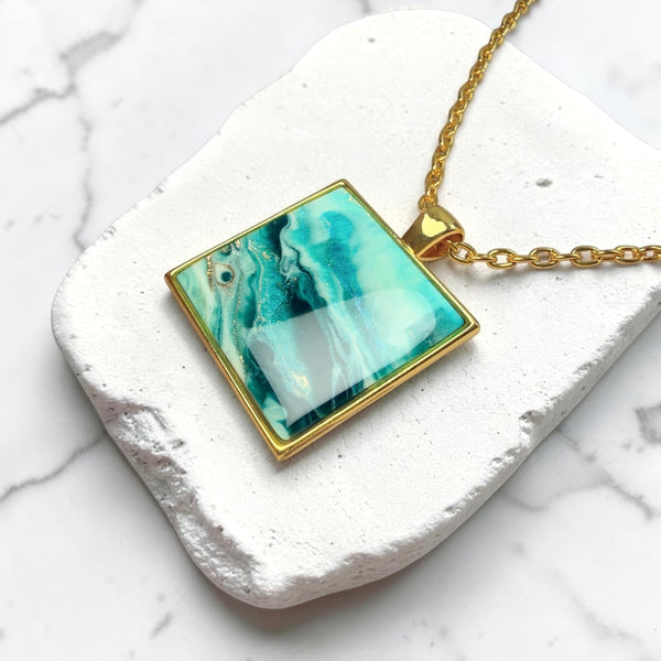 Tidal Teal Mosaic Resin Pendant Necklace | Gold