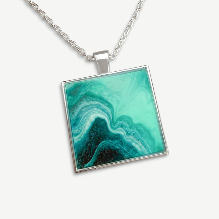 Tropical Tide Square Resin Pendant Necklace | Silver