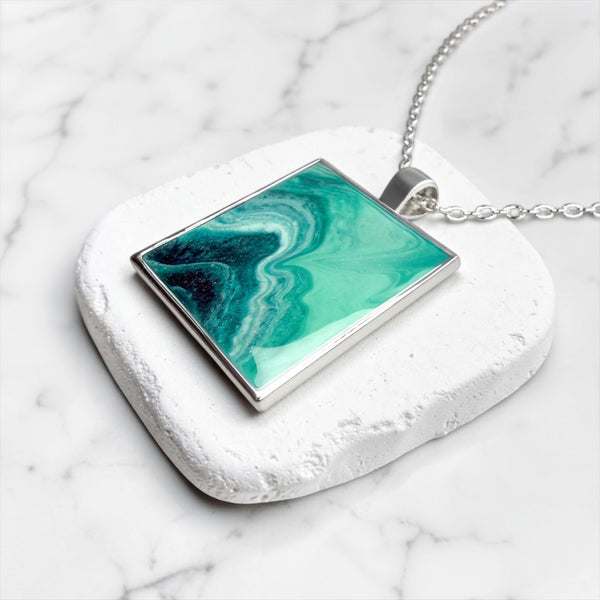 Tropical Tide Square Resin Pendant Necklace | Silver