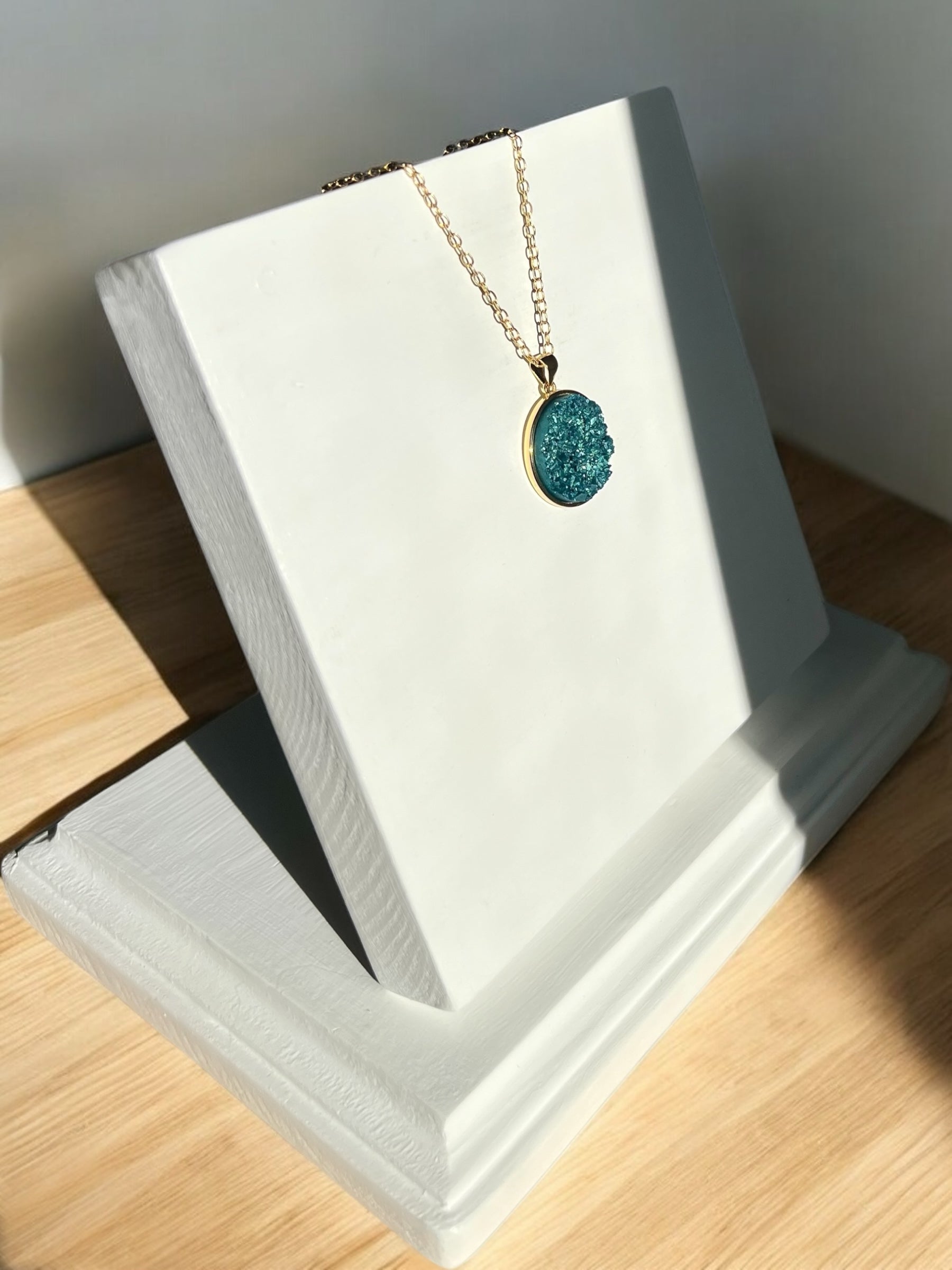 Turquoise-Blue Druzy Resin Necklace- Gold Vermeil Chain and Pendant Tray