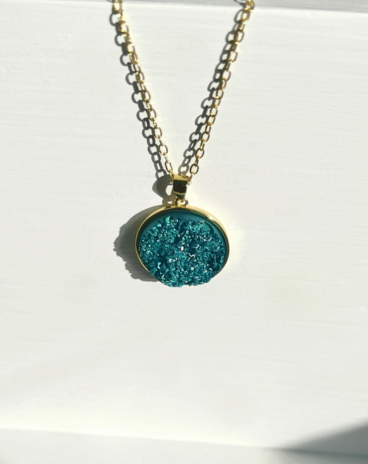 Turquoise-Blue Druzy Resin Necklace- Gold Vermeil Chain and Pendant Tray