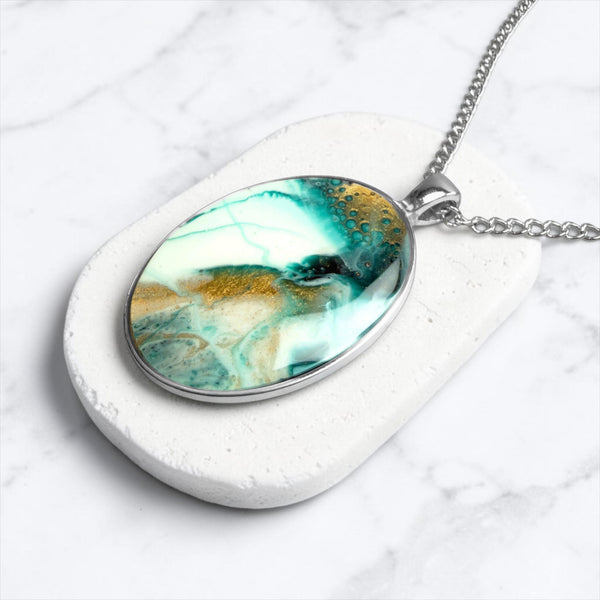 Turquoise Reverie Oval Resin Pendant Necklace | Silver