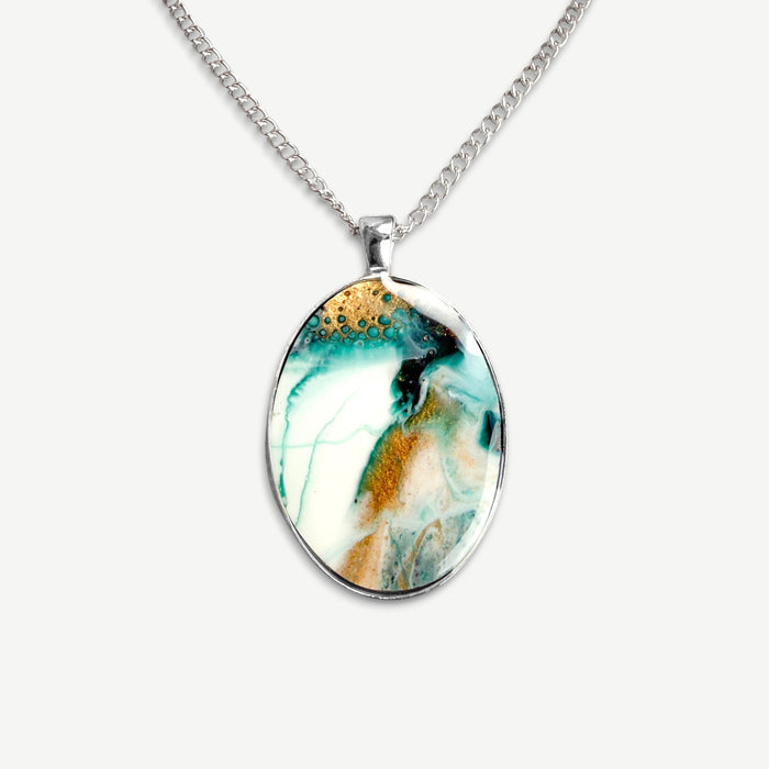 Turquoise Reverie Oval Resin Pendant Necklace | Silver