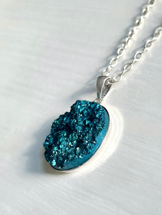 Turquoise Blue Druzy Resin Necklace- Sterling Silver Chain and Pendant Tray