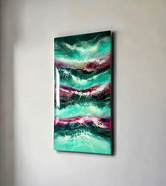 12" x 24" Deep Turquoise, Teal, Magenta, and Gold Resin Painting