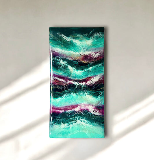 12" x 24" Deep Turquoise, Teal, Magenta, and Gold Resin Painting