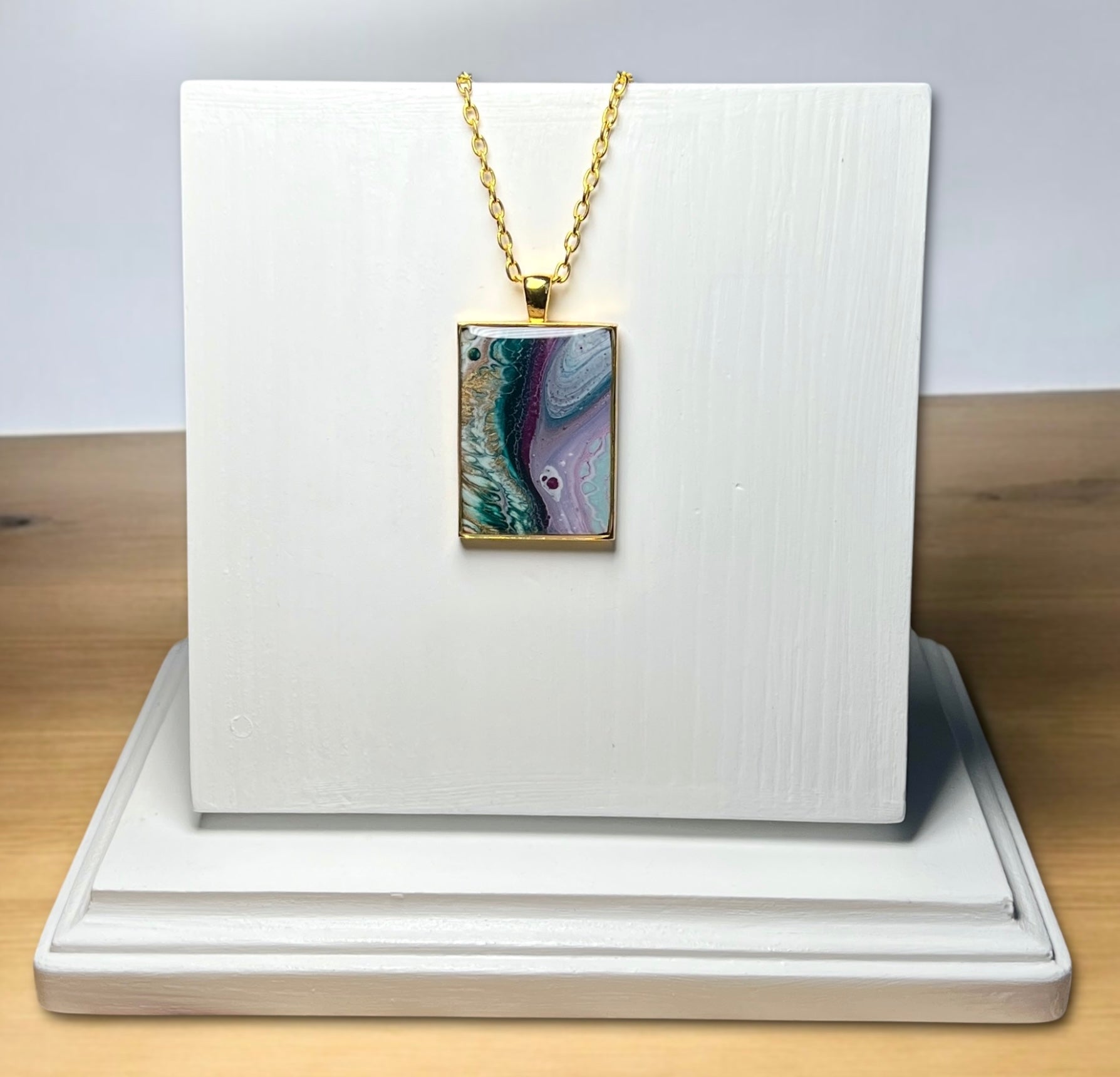 Turquoise, Blue, Maroon, and Gold Small Rectangle Resin Pendant Necklace