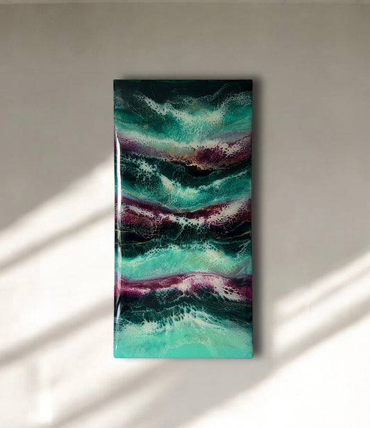 12" x 24" Deep Turquoise, Teal, Magenta, and Gold Resin Painting