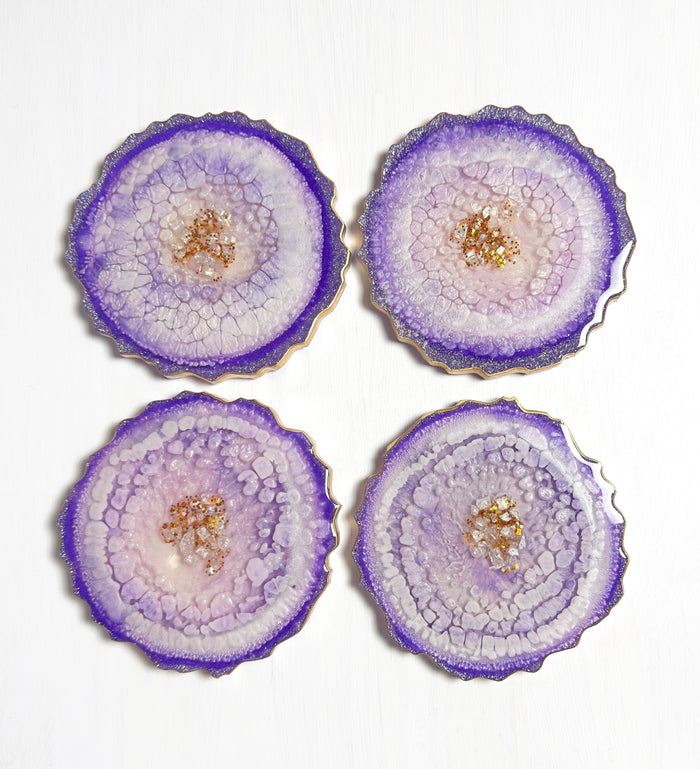 Violet Halo Resin Coaster Set – Handcrafted Agate-Inspired Luxe with Gold Edging (Set of 4)