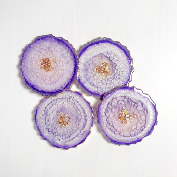 Violet Halo Resin Coaster Set – Handcrafted Agate-Inspired Luxe with Gold Edging (Set of 4)