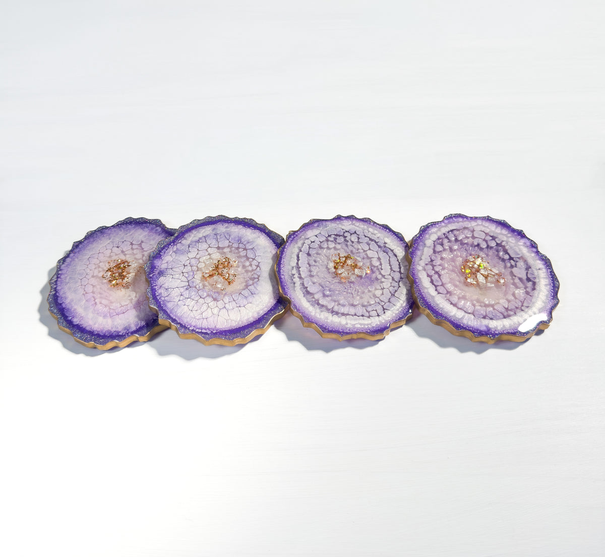 Violet Halo Resin Coaster Set – Handcrafted Agate-Inspired Luxe with Gold Edging (Set of 4)