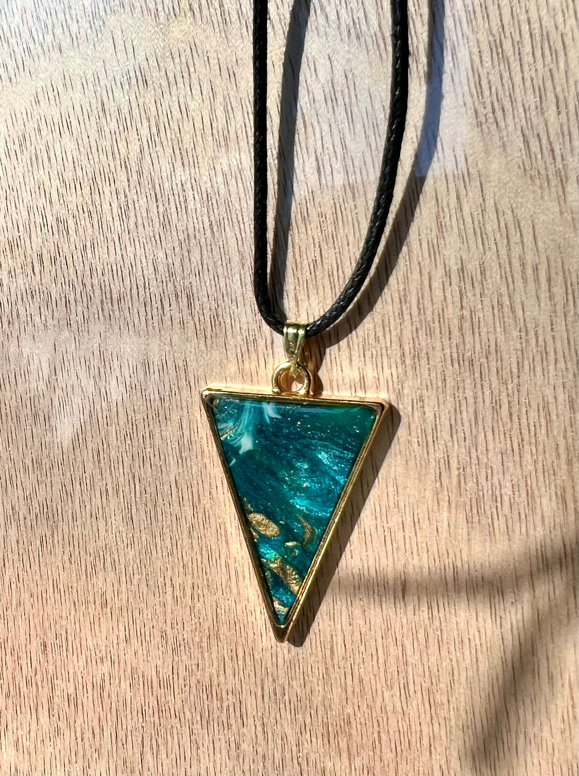 Blue, Green, and Gold Triangle Resin Pendant Necklace