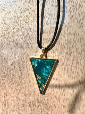 Blue, Green, and Gold Triangle Resin Pendant Necklace - L.A. Resin Art