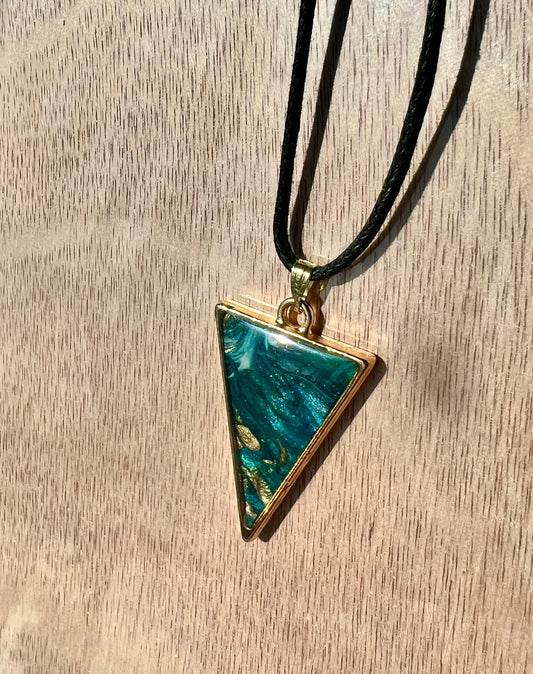 Blue, Green, and Gold Triangle Resin Pendant Necklace - L.A. Resin Art