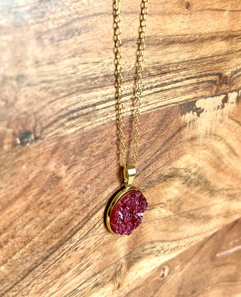 Burgundy Resin Druzy Necklace- Gold-Plated Sterling Silver Chain - L.A. Resin Art