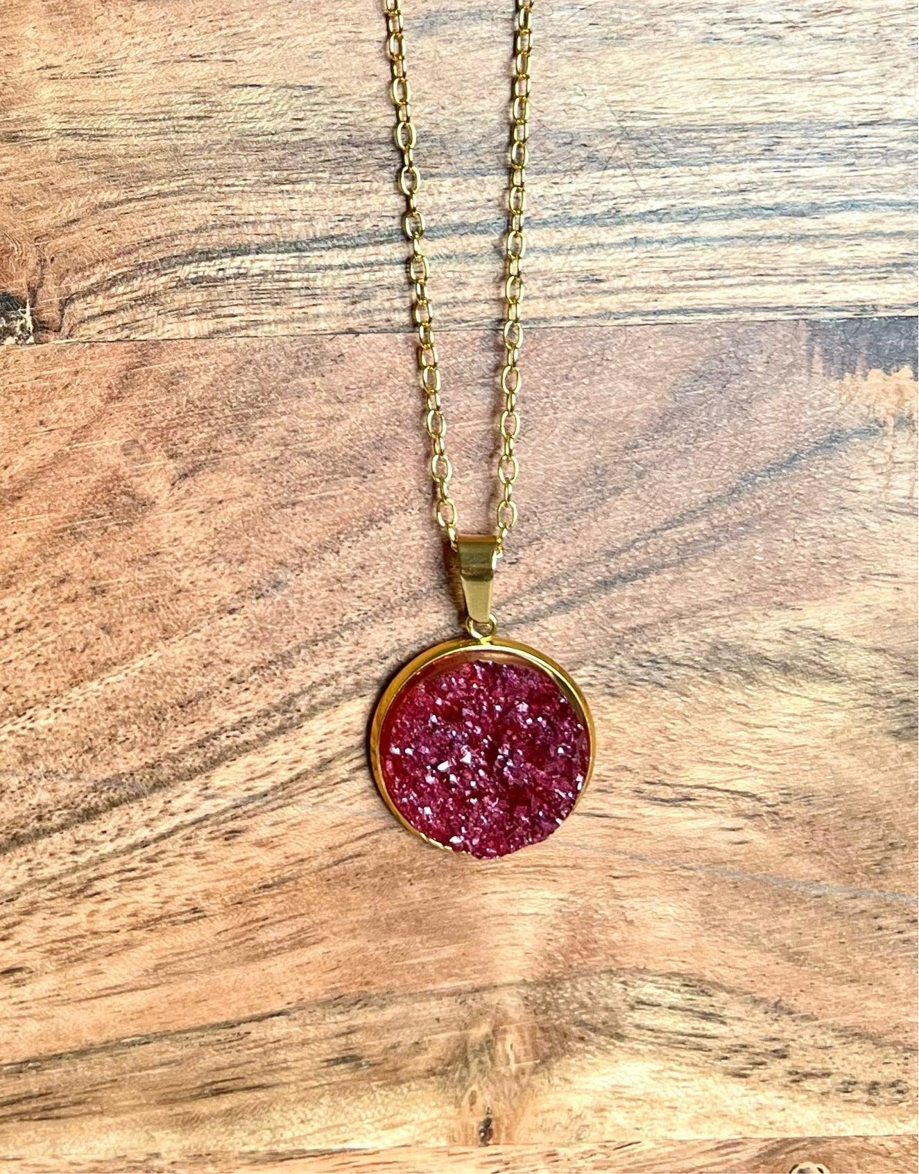 Burgundy Resin Druzy Necklace- Gold-Plated Sterling Silver Chain L.A. Resin Art