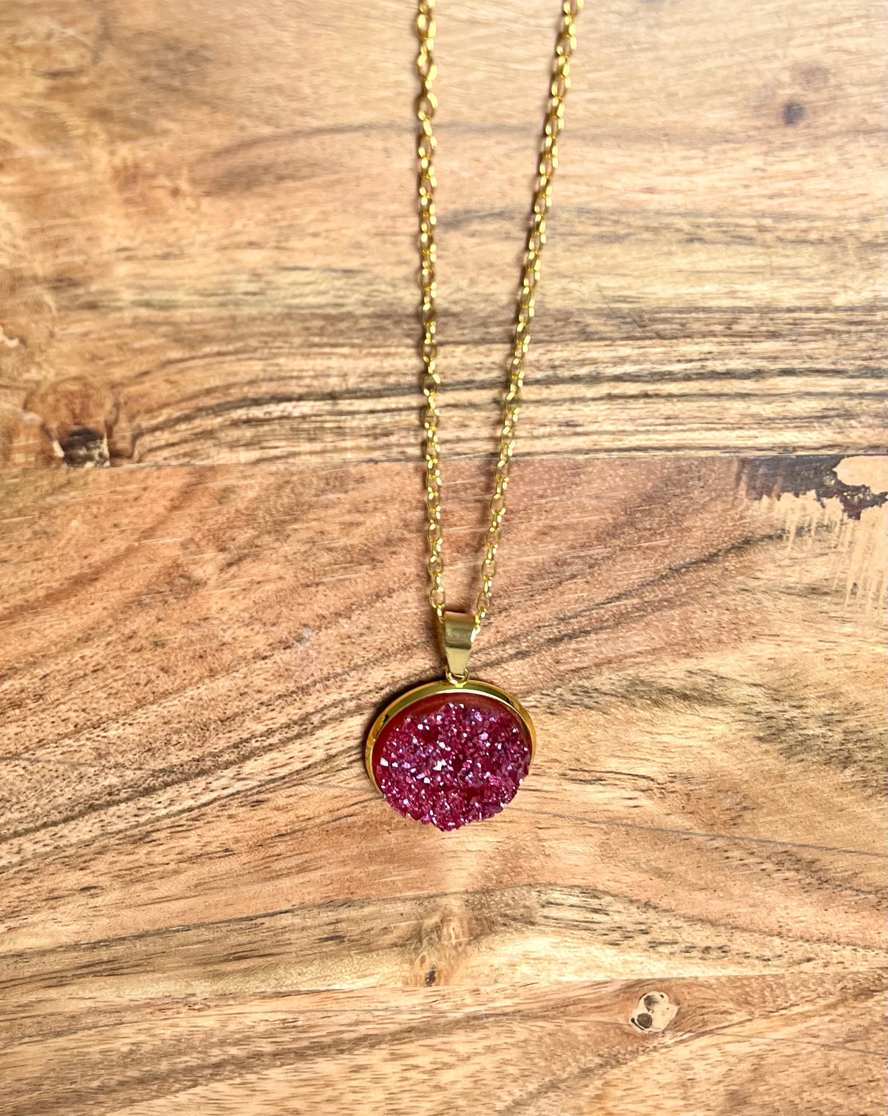 Burgundy Resin Druzy Necklace- Gold-Plated Sterling Silver Chain - L.A. Resin Art