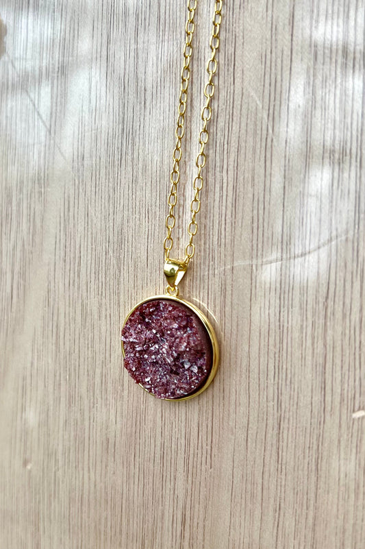 Burgundy Resin Druzy Necklace- Gold-Plated Sterling Silver - L.A. Resin Art