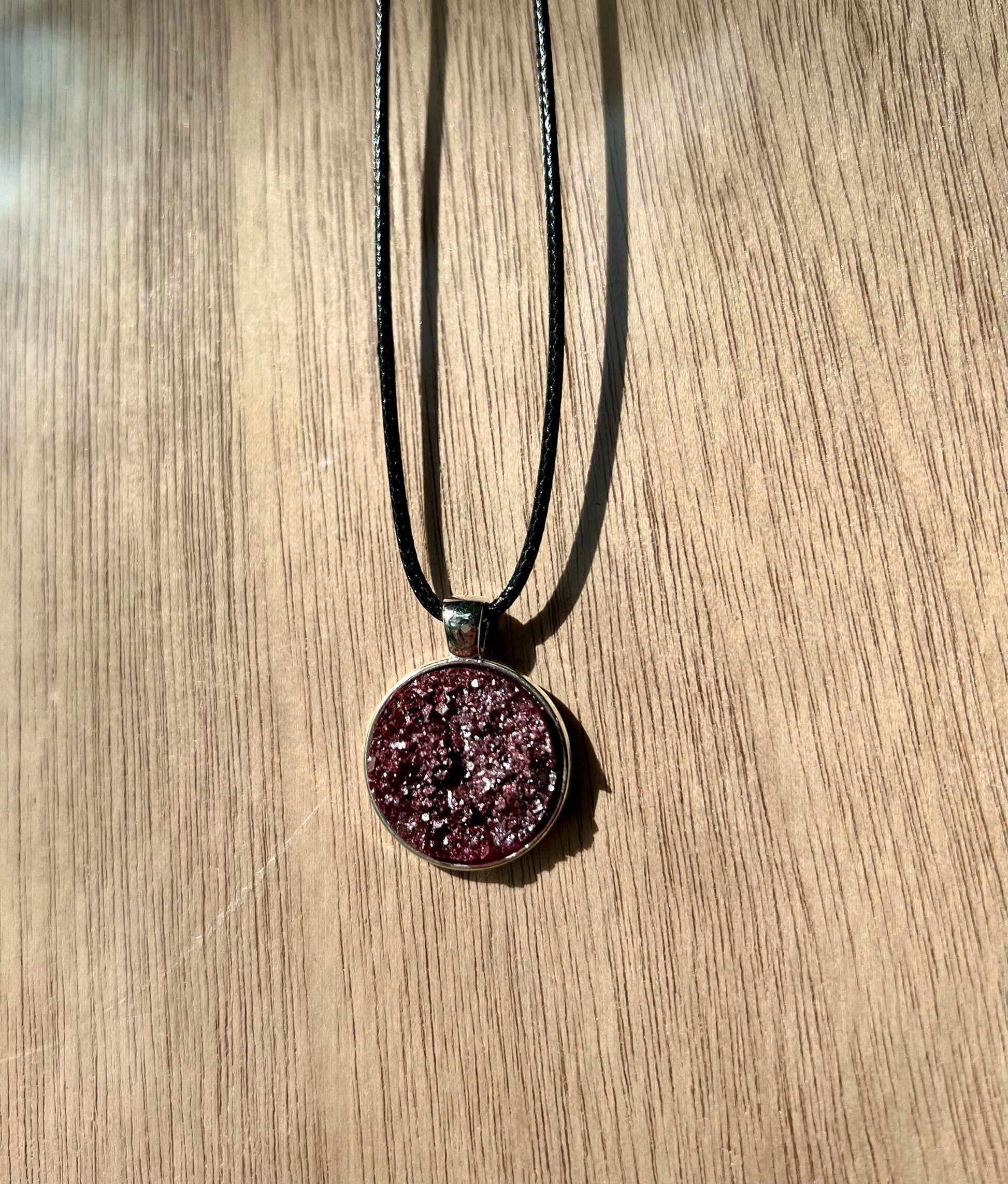 Burgundy Resin Druzy Necklace- Silver Pendant Tray - L.A. Resin Art