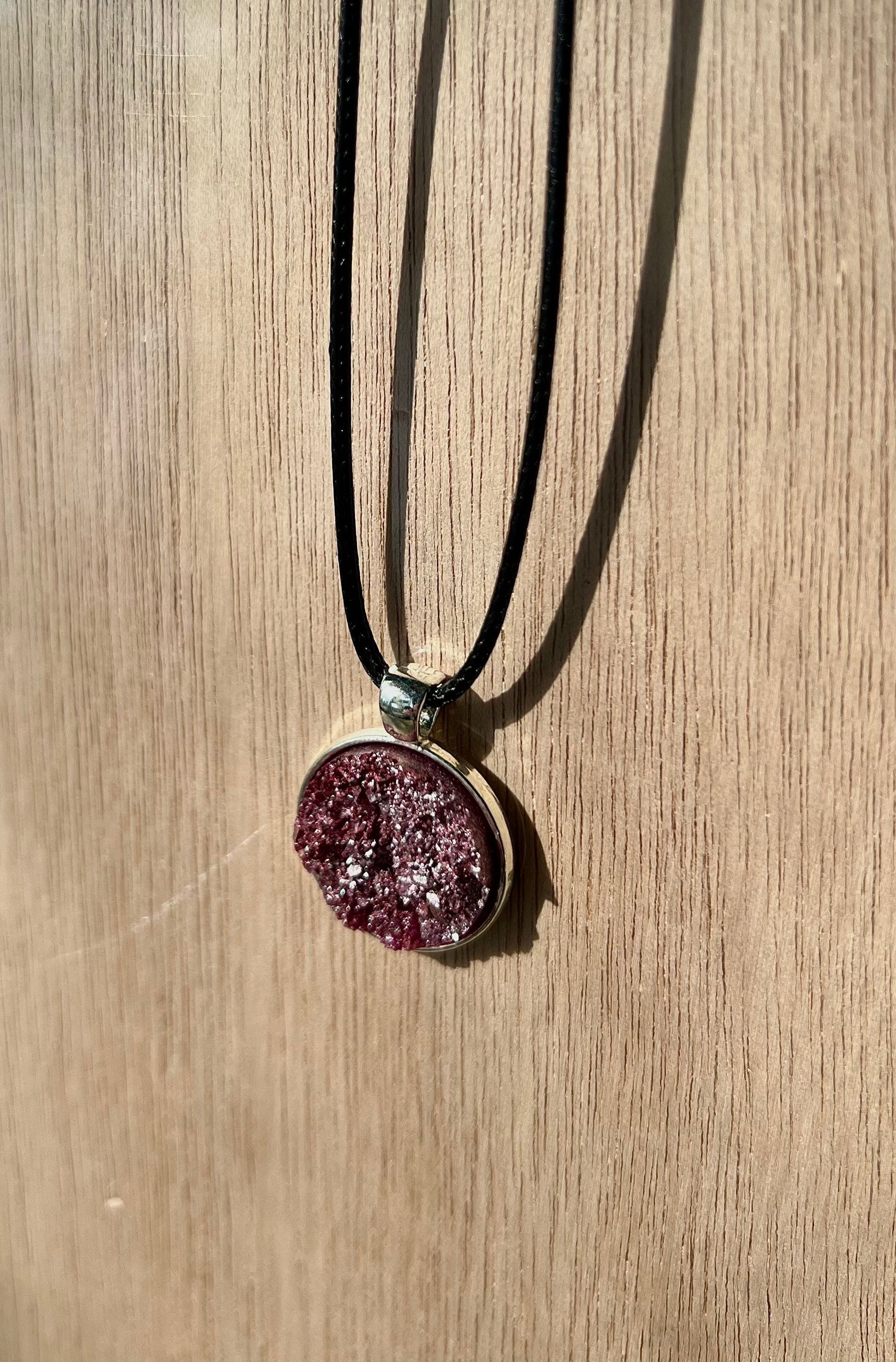 Burgundy Resin Druzy Necklace- Silver Pendant Tray - L.A. Resin Art