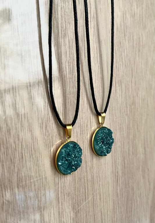 Deep Sea Green Resin Druzy Necklace- Gold Pendant Tray - L.A. Resin Art