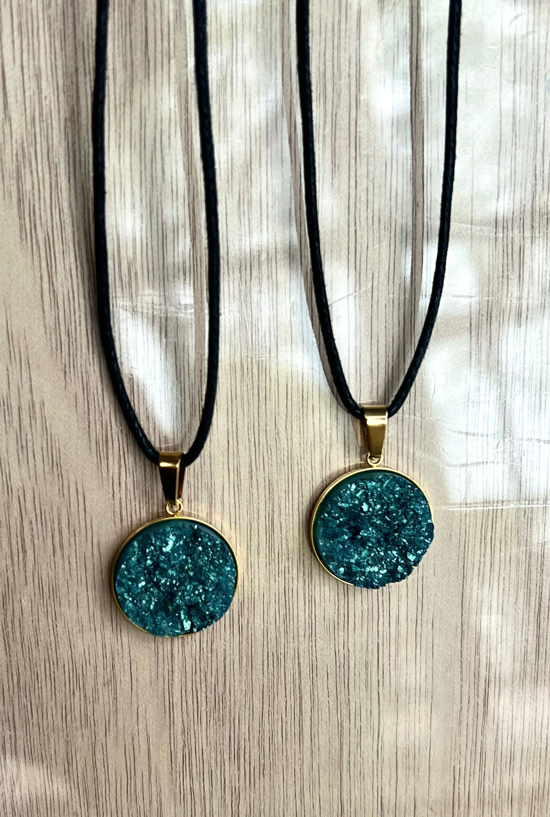 Deep Sea Green Resin Druzy Necklace- Gold Pendant Tray - L.A. Resin Art