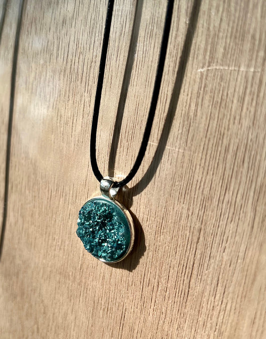 Deep Sea Green Resin Druzy Necklace-Silver Pendant Tray - L.A. Resin Art