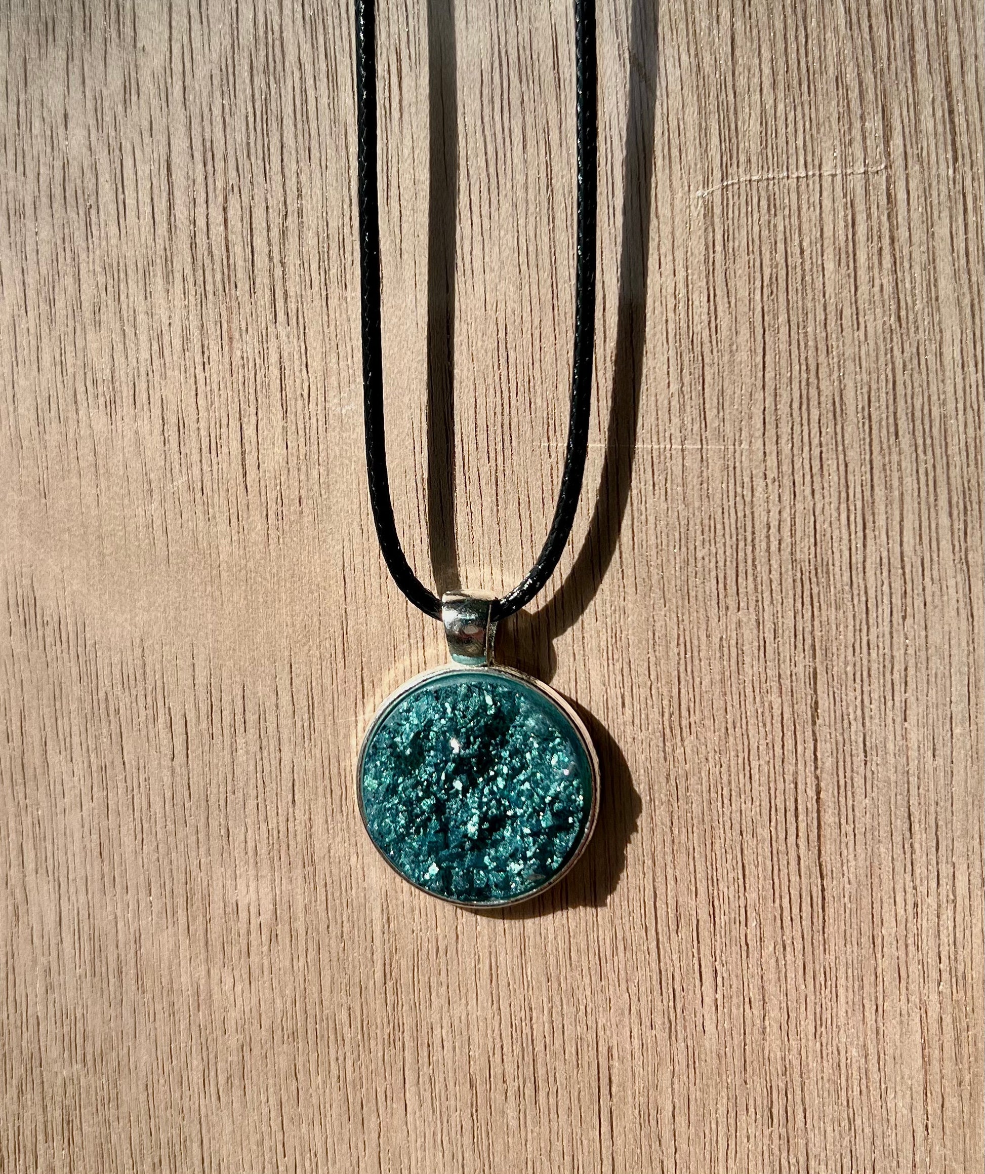 Deep Sea Green Resin Druzy Necklace-Silver Pendant Tray - L.A. Resin Art