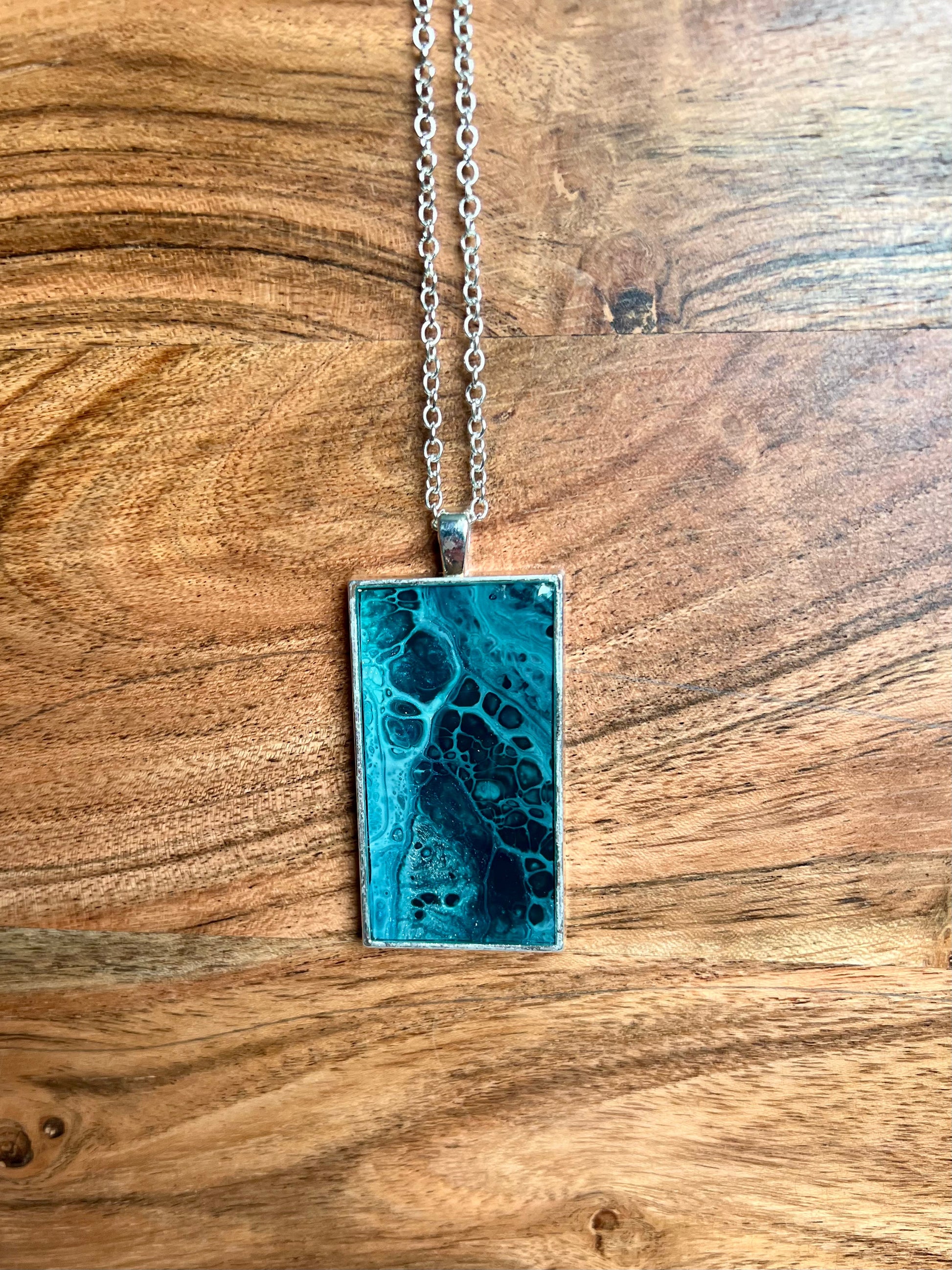 Deep Turquoise and Teal Resin Pendant Necklace - L.A. Resin Art