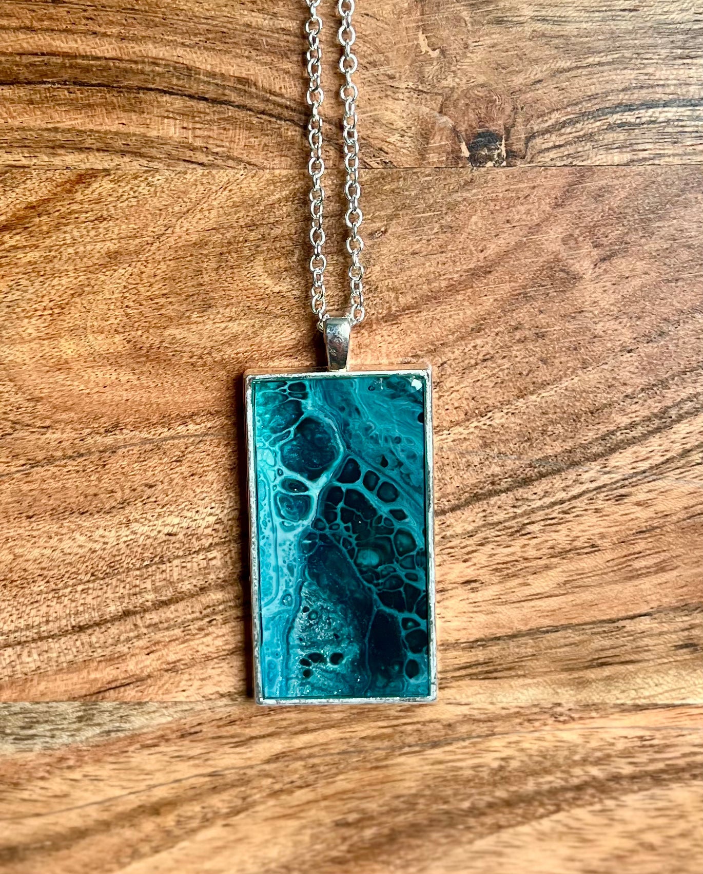 Deep Turquoise and Teal Resin Pendant Necklace - L.A. Resin Art