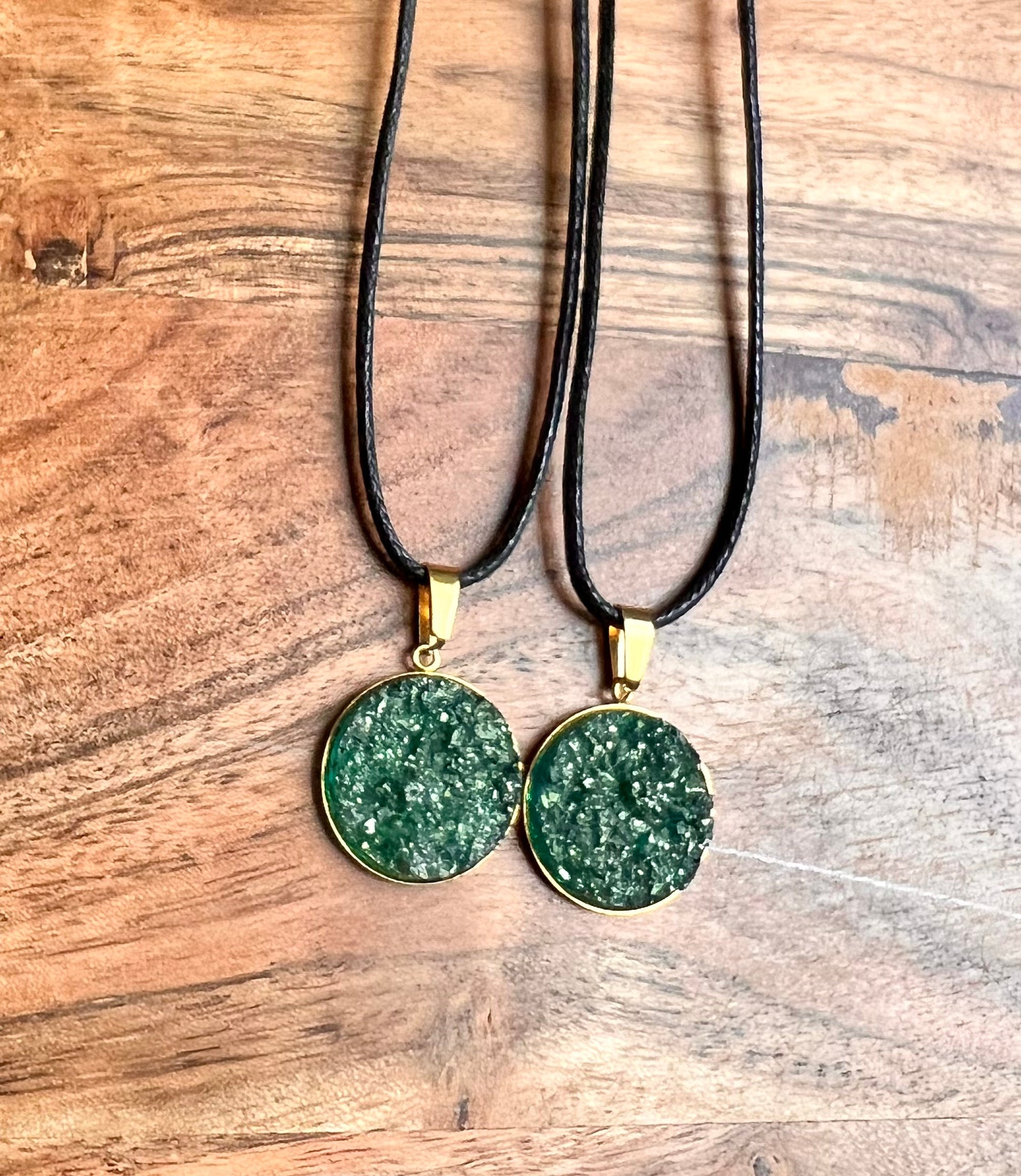 Forest Green Druzy Necklace- Gold Pendant Tray - L.A. Resin Art